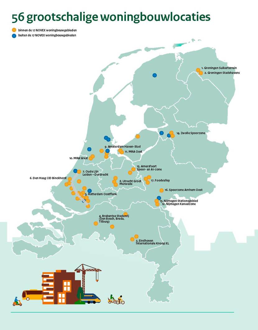 Een kaart van Nederland met daarop 56 grootschalige gebieden met een onderverdeling tussen binnen en buiten de NOVEX woningbouwgebieden.